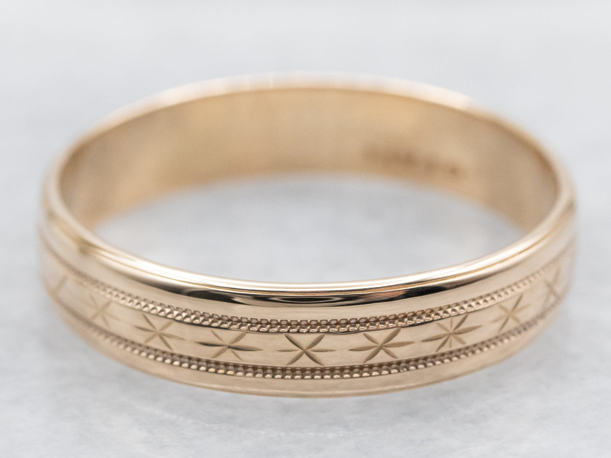 Yellow Gold Band With Etched Star Details