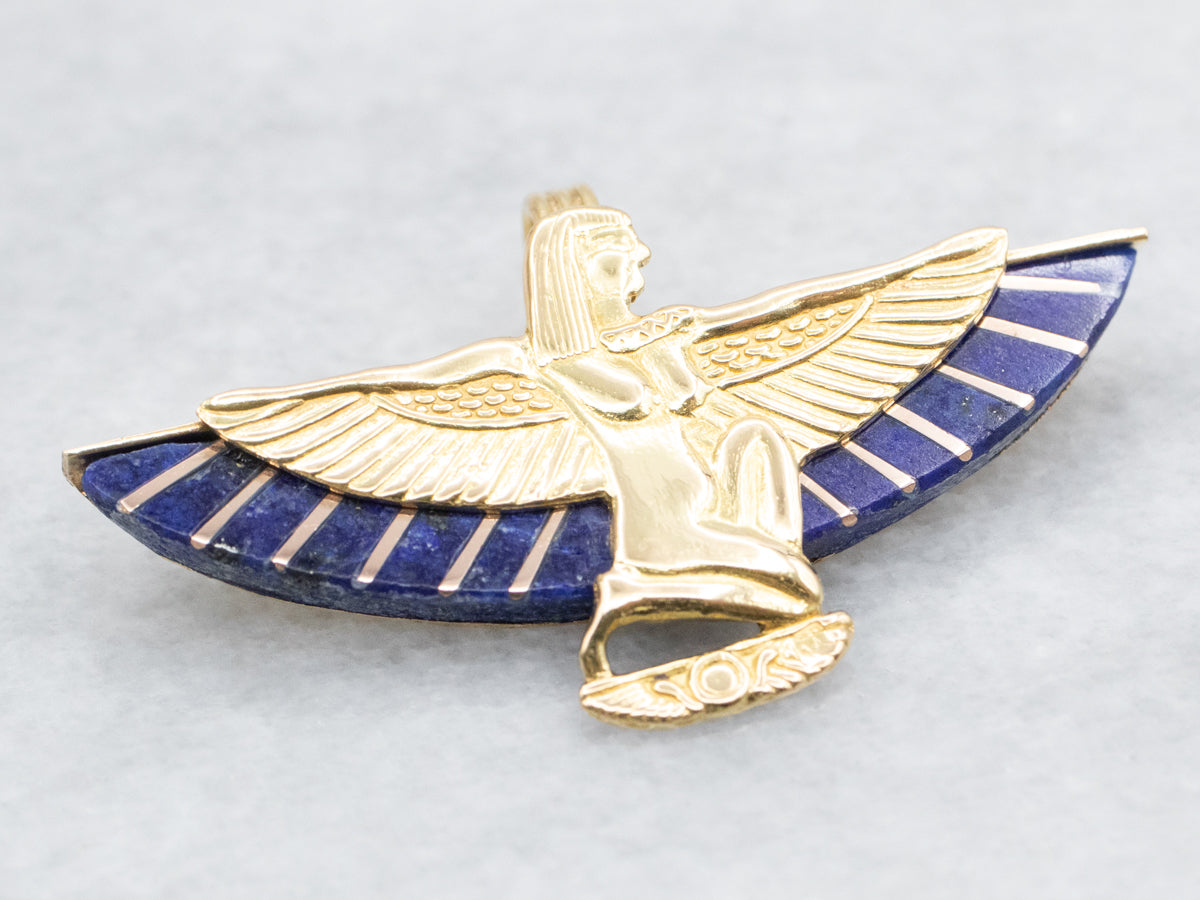 Gold Isis Egyptian Winged Goddess Lapis Pendant