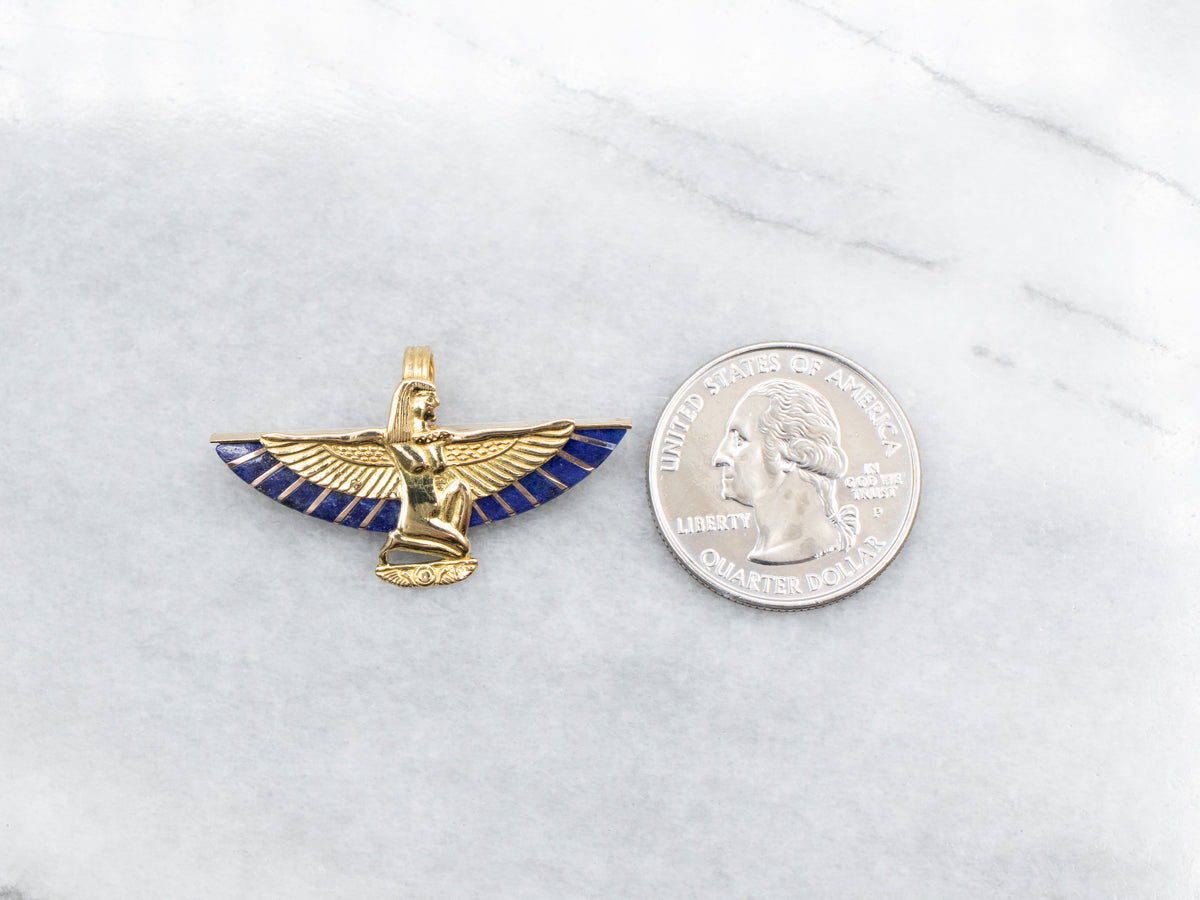 Gold Isis Egyptian Winged Goddess Lapis Pendant