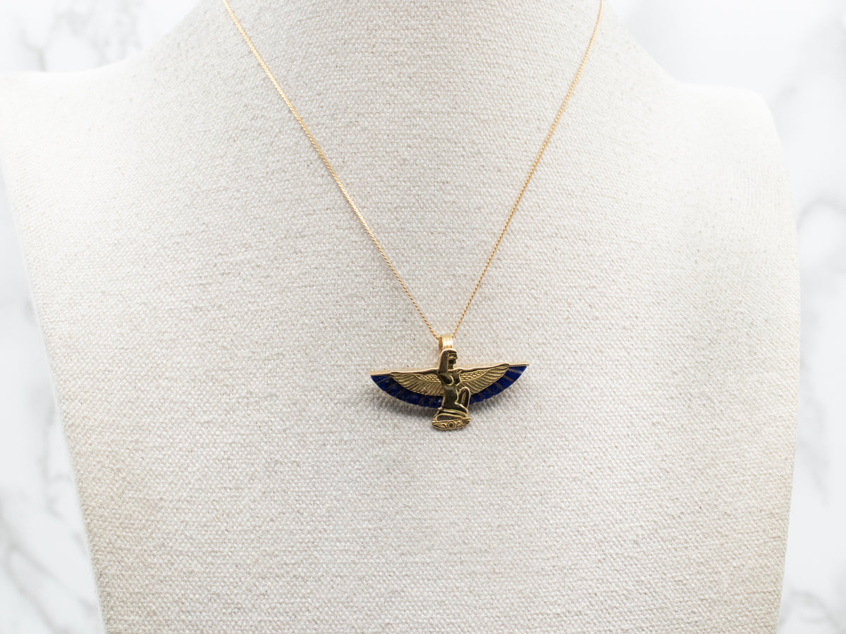 Gold Isis Egyptian Winged Goddess Lapis Pendant