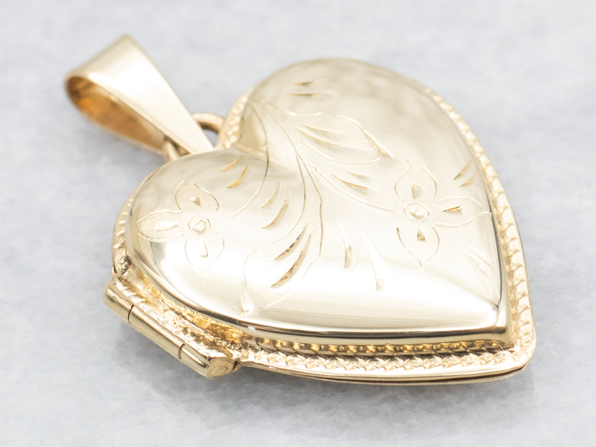 Floral Etched Gold Heart Shaped Locket