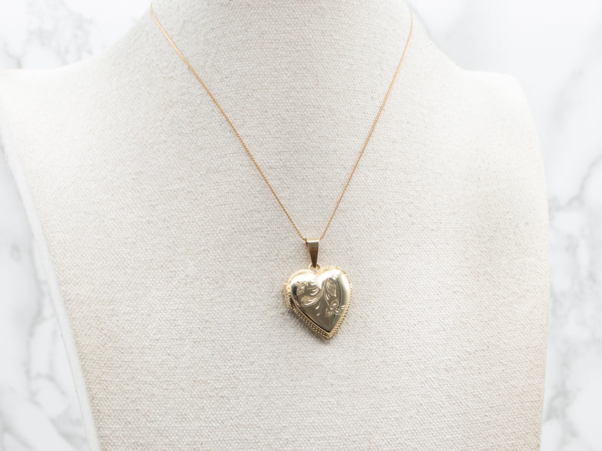 Floral Etched Gold Heart Shaped Locket