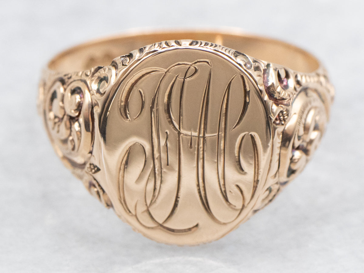 Unisex Antique Rose Gold &quot;JHC&quot; Engraved Signet Ring