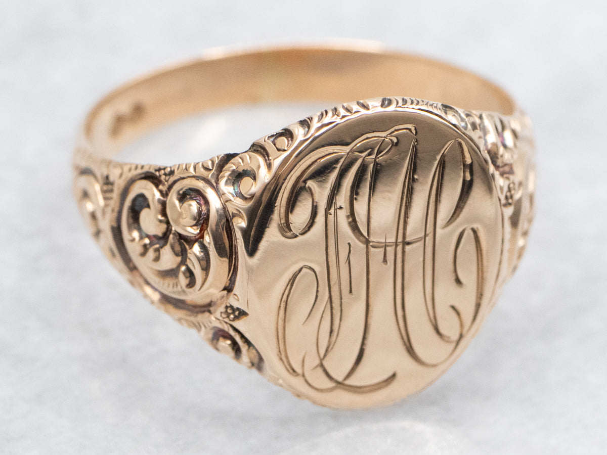 Unisex Antique Rose Gold "JHC" Engraved Signet Ring