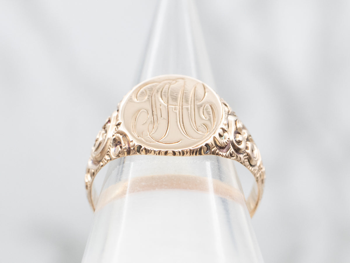 Unisex Antique Rose Gold "JHC" Engraved Signet Ring