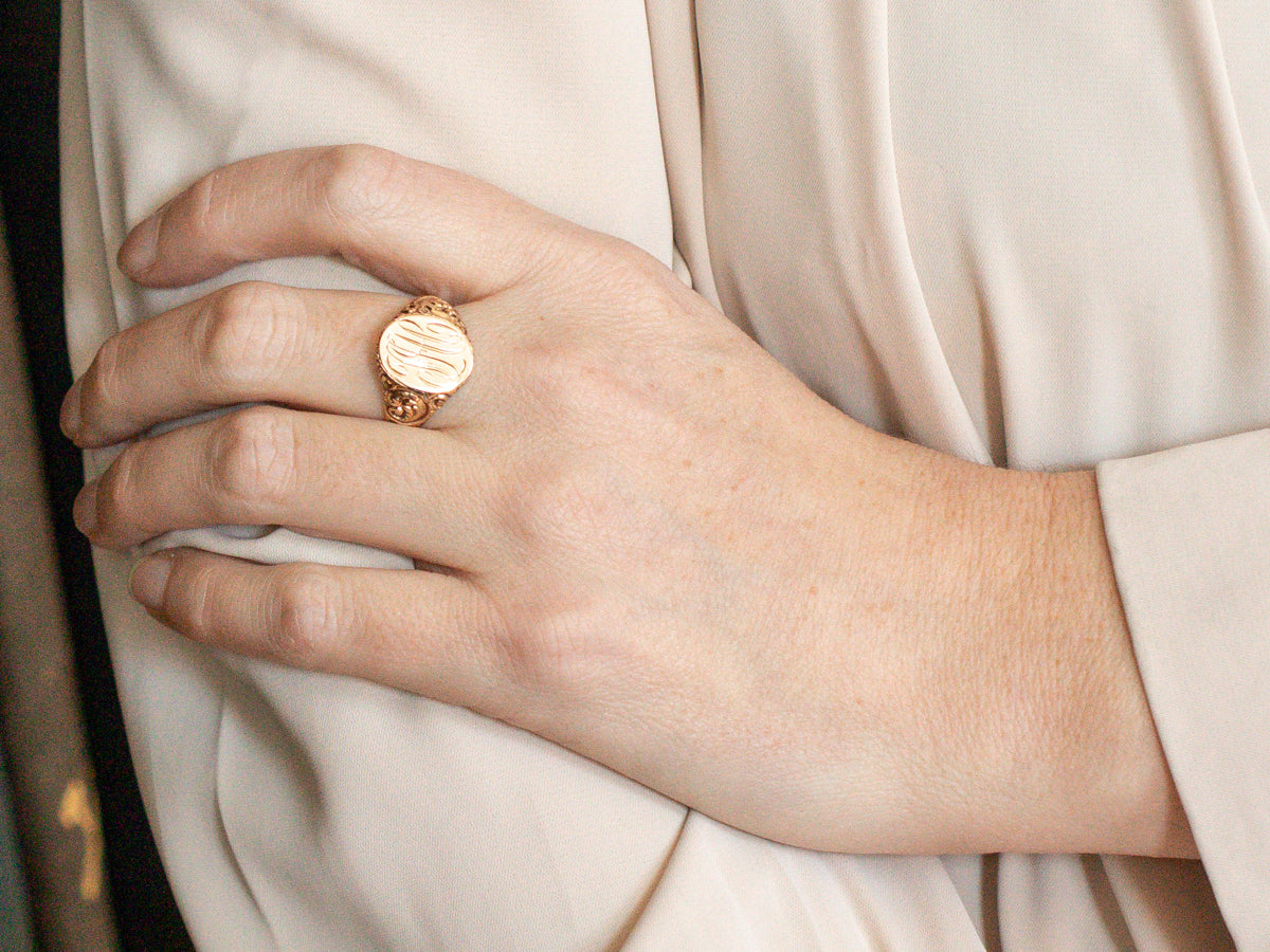 Unisex Antique Rose Gold "JHC" Engraved Signet Ring