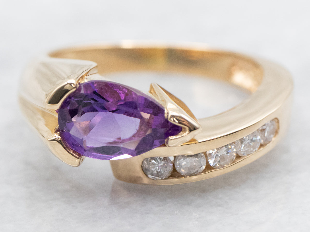 Modernist Amethyst and Diamond Bypass Ring