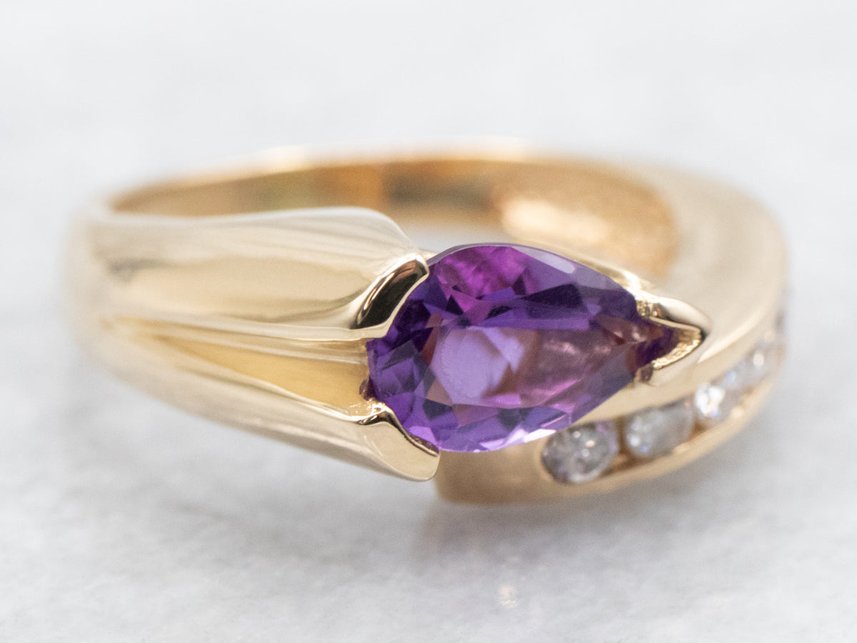 Modernist Amethyst and Diamond Bypass Ring