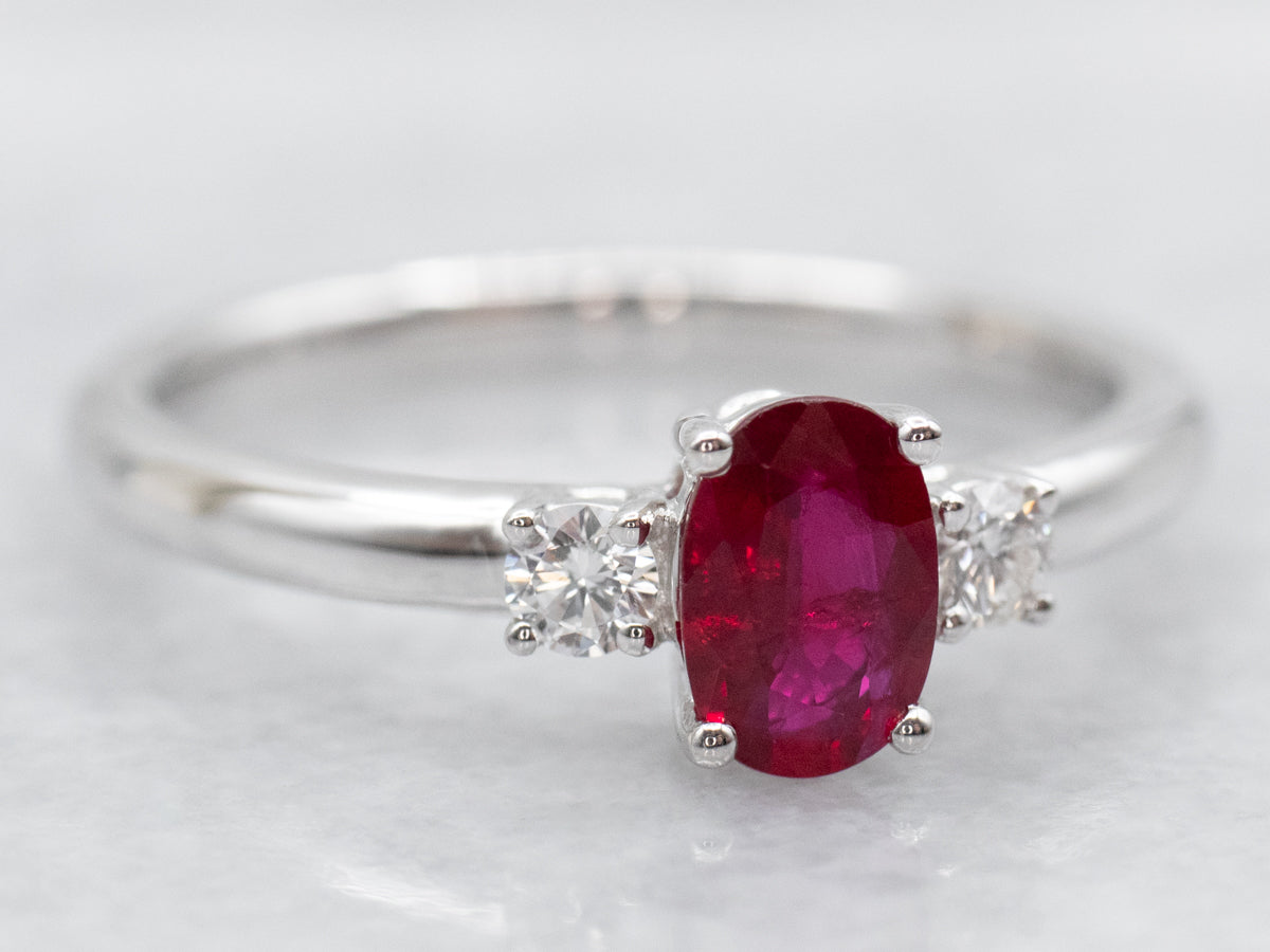 Three Stone Modern Ruby and Diamond Engagement Ring