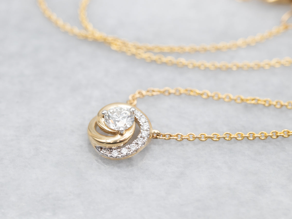 Scrolling Gold Diamond Swirl Pendant Necklace