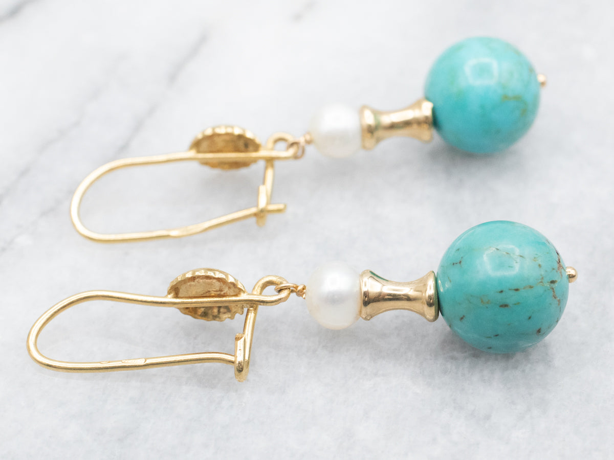 Beaded Turquoise and Pearl Drop Earrings