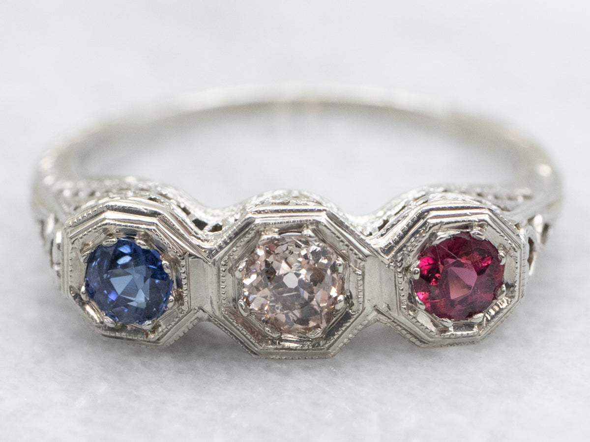 Art Deco Sapphire Old Mine Cut Diamond and Rhodolite Garnet Ring