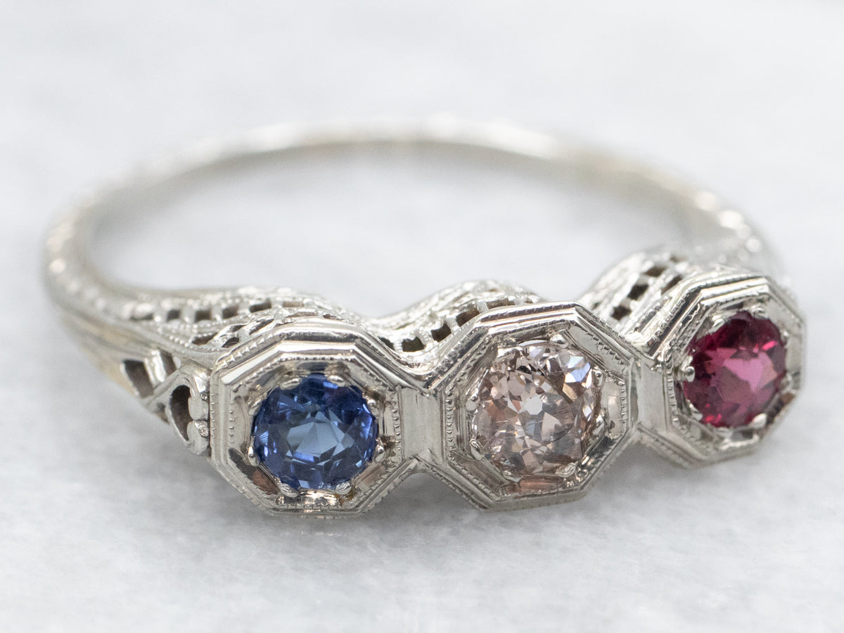 Art Deco Sapphire Old Mine Cut Diamond and Rhodolite Garnet Ring