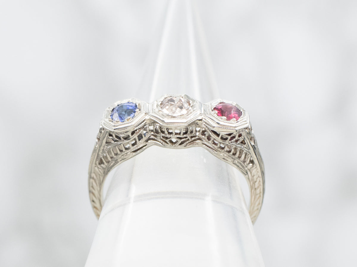 Art Deco Sapphire Old Mine Cut Diamond and Rhodolite Garnet Ring