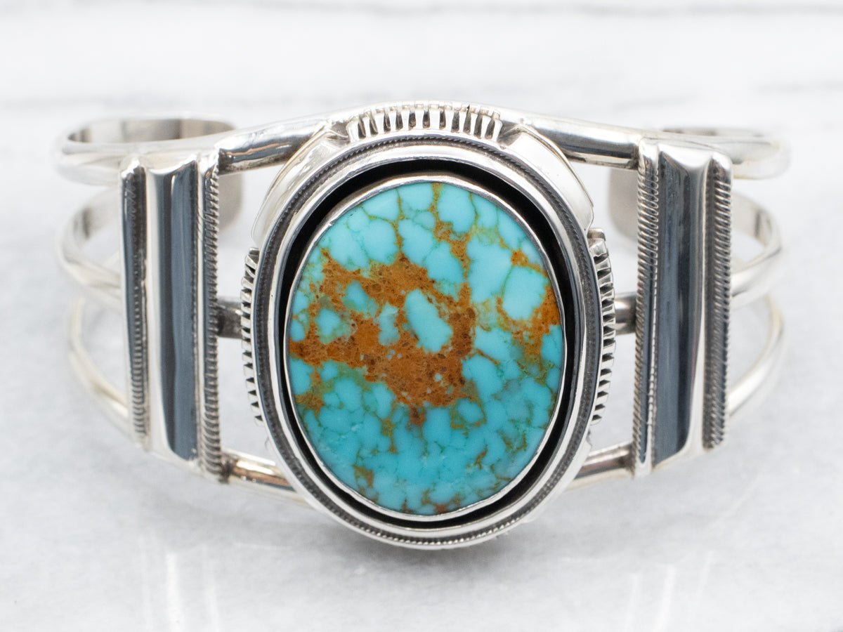 Sterling Silver Native American Made Oval Cut Turquoise Cuff Bracelet