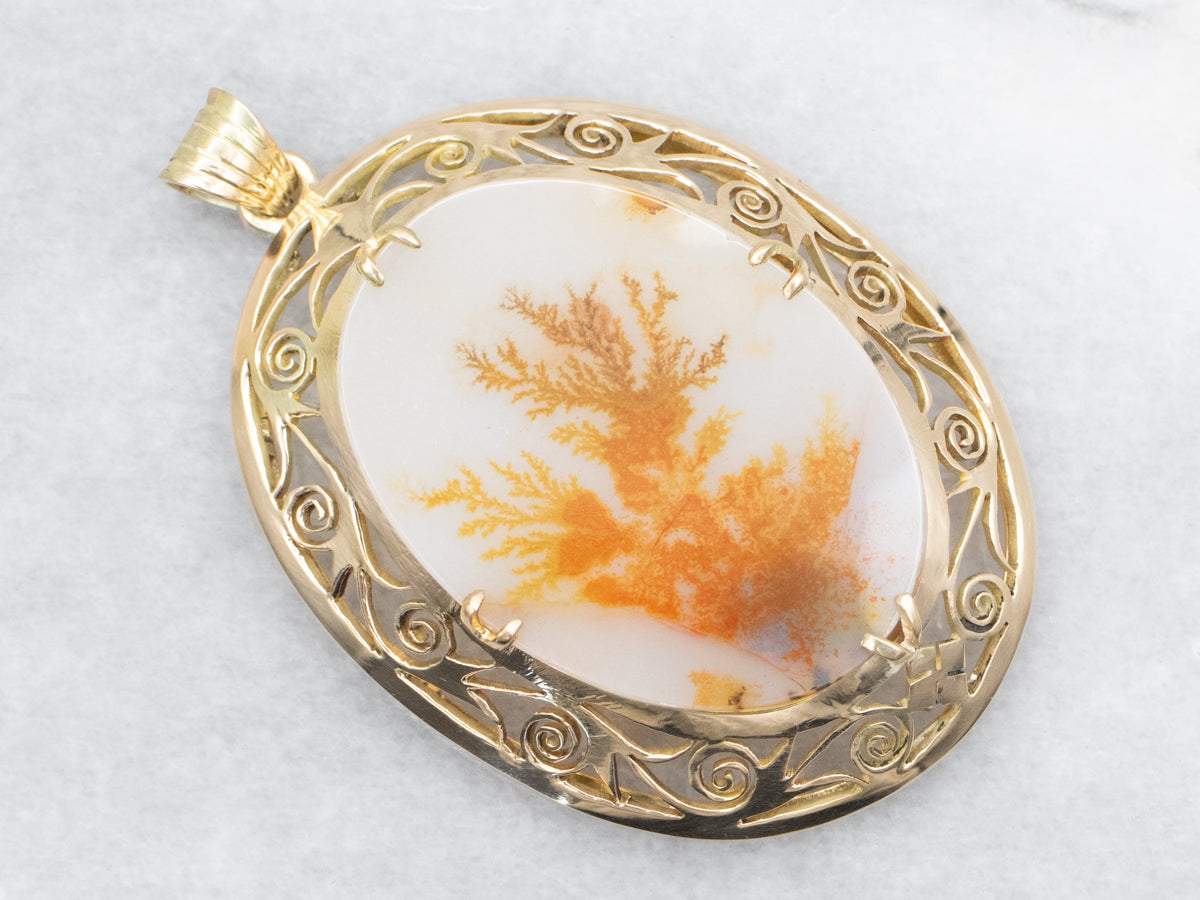 Large Dendritic Agate Pendant in Scrolling Gold Frame