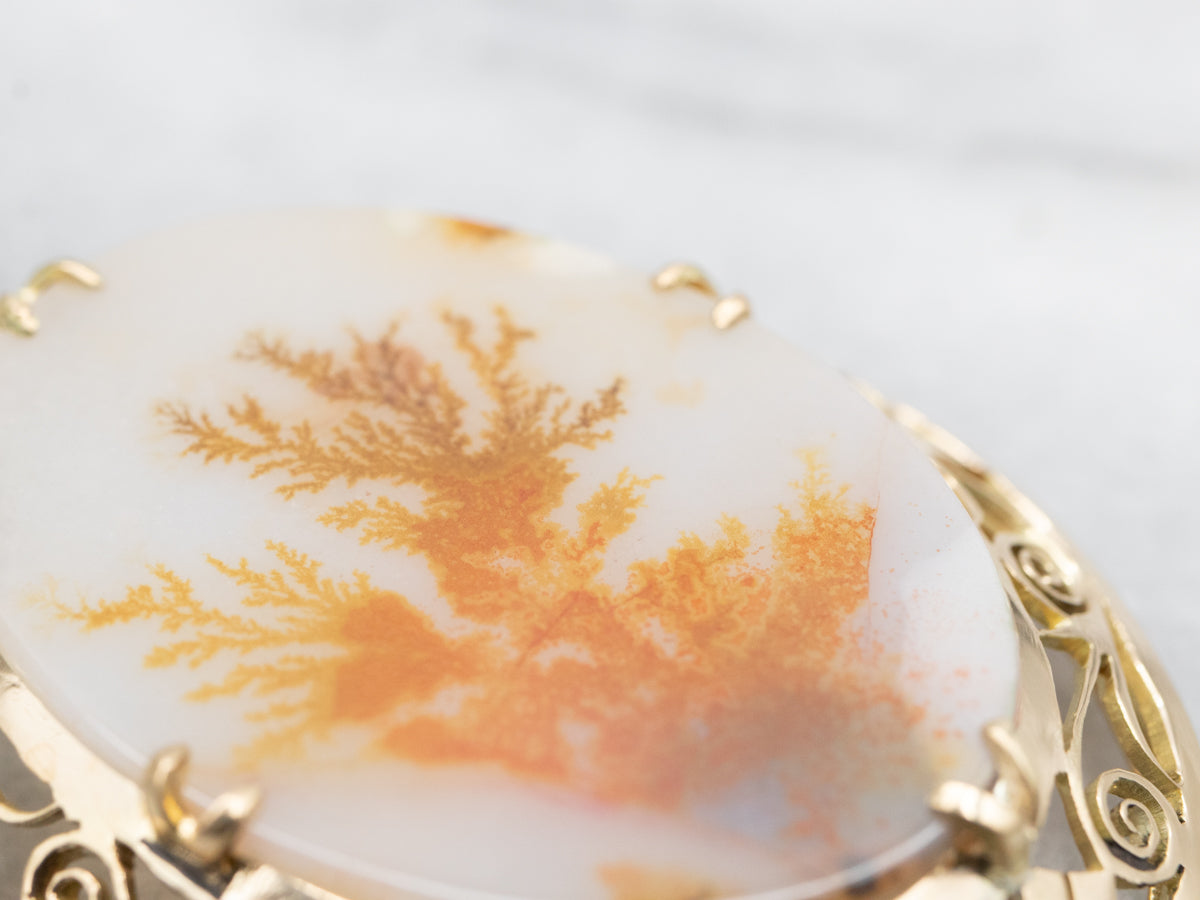 Large Dendritic Agate Pendant in Scrolling Gold Frame