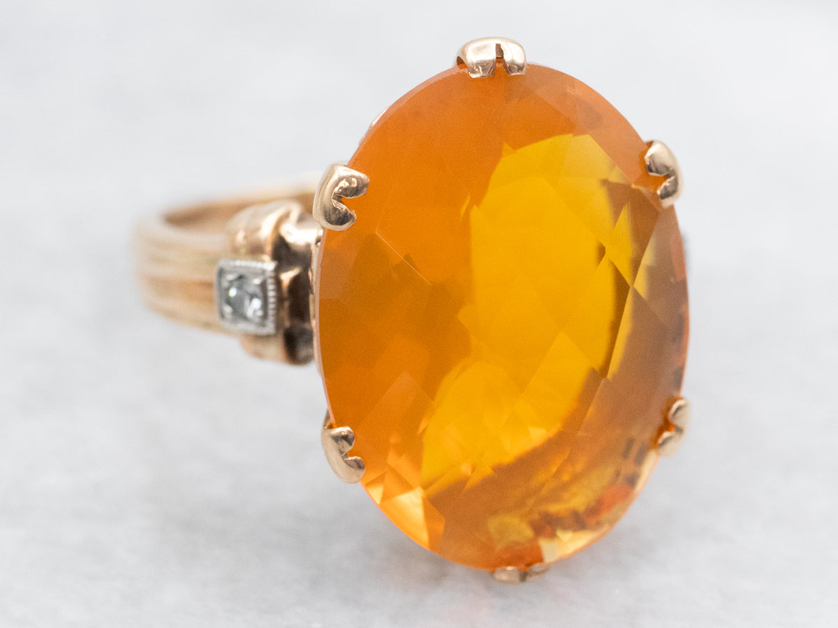 Mid-Century Fire Opal and Diamond Ring