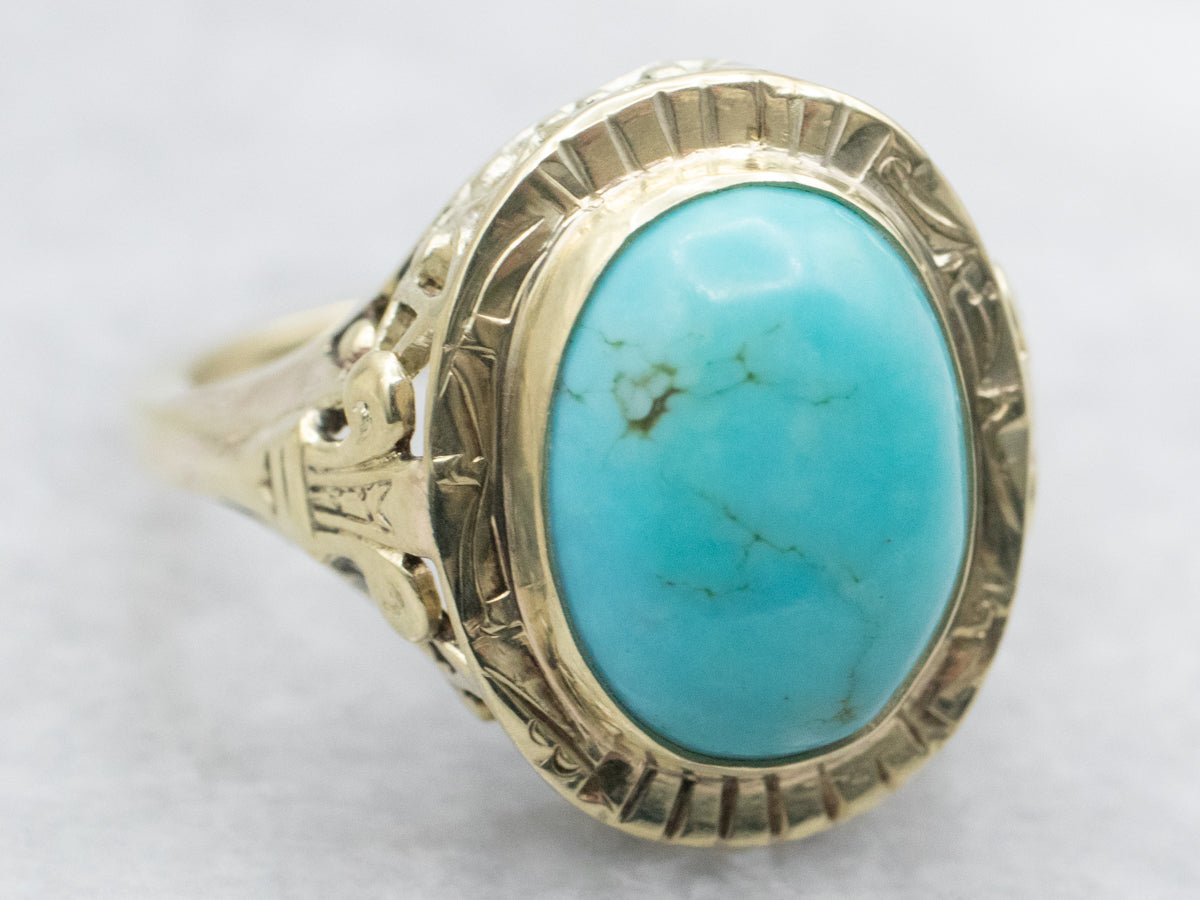 Art Nouveau Green Gold Turquoise Filigree Ring