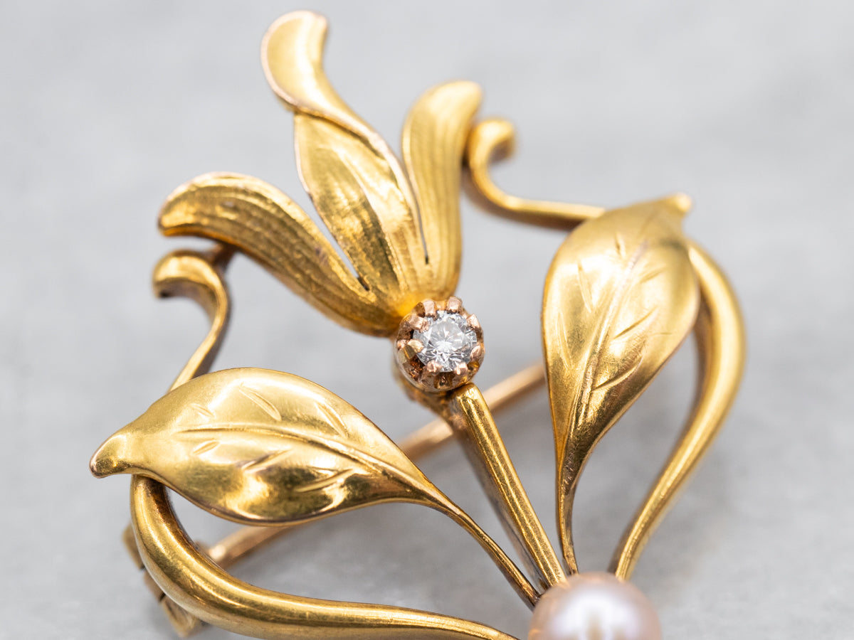 Vintage Botanical Diamond and Pearl Brooch