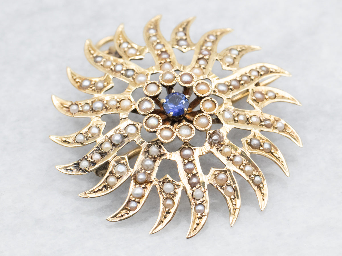 Antique Sapphire and Seed Pearl Starburst Brooch or Pendant