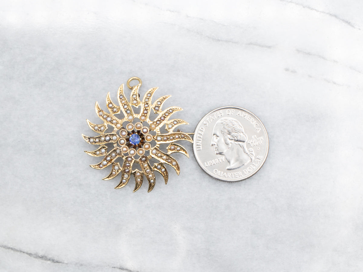 Antique Sapphire and Seed Pearl Starburst Brooch or Pendant