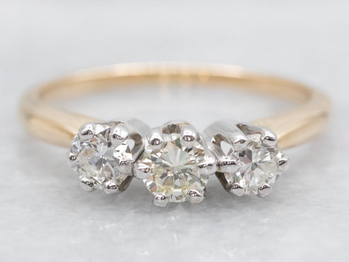 Three Stone Brilliant and European Cut Diamond Engagement Ring