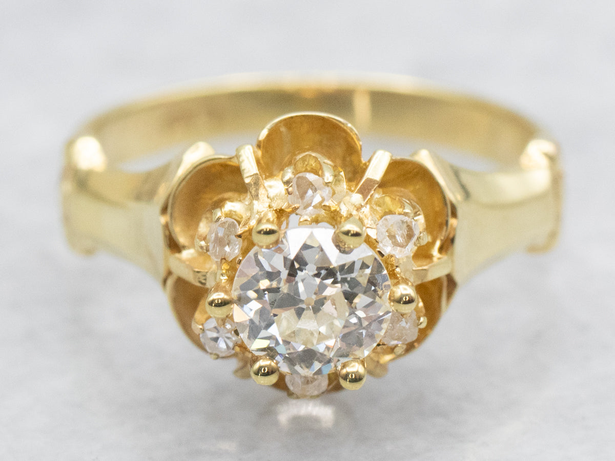 Antique Diamond and Rose Cut Diamond Buttercup Engagement Ring