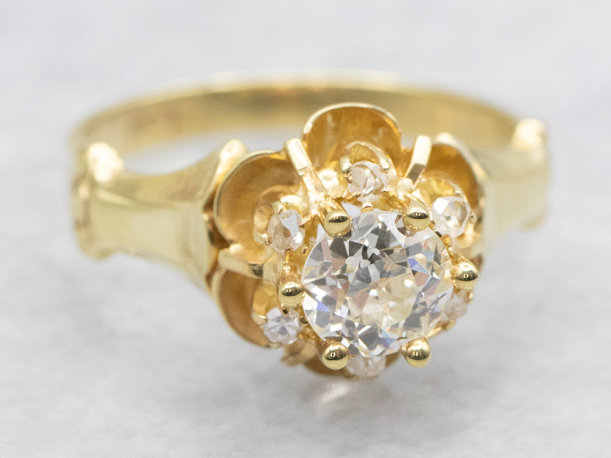 Antique Diamond and Rose Cut Diamond Buttercup Engagement Ring