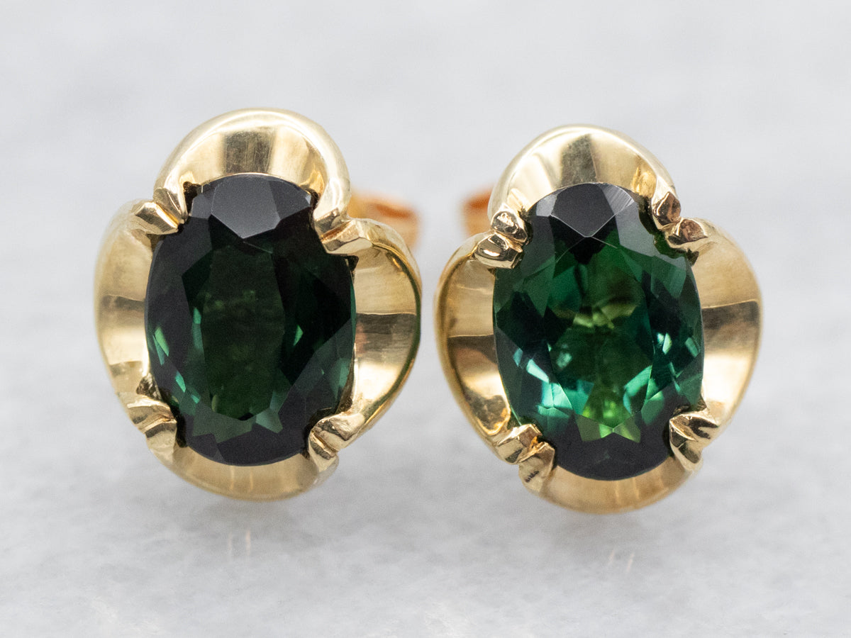 Yellow Gold Green Tourmaline Stud Earrings