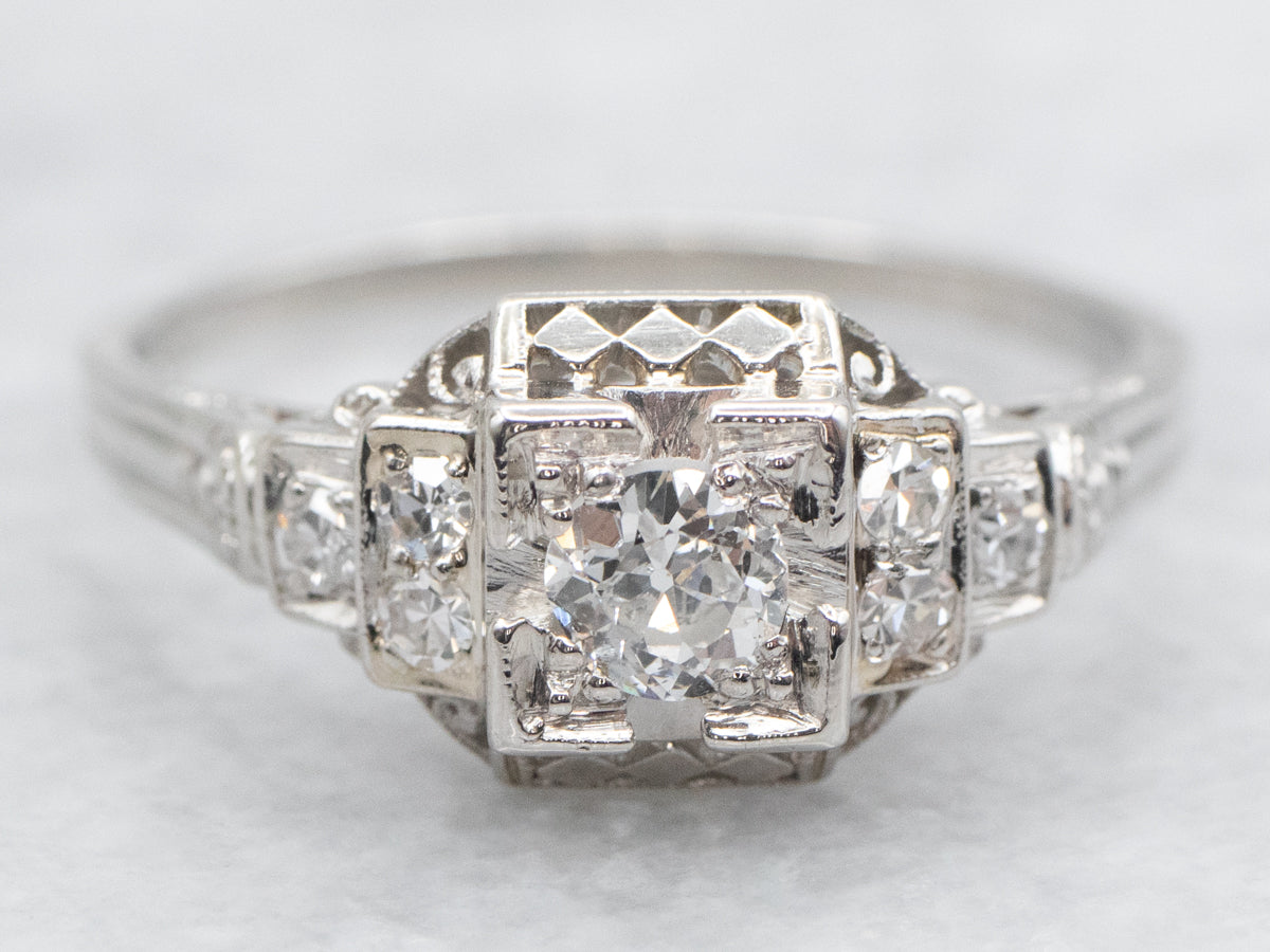 Platinum Art Deco Old Mine Cut Diamond Engagement Ring