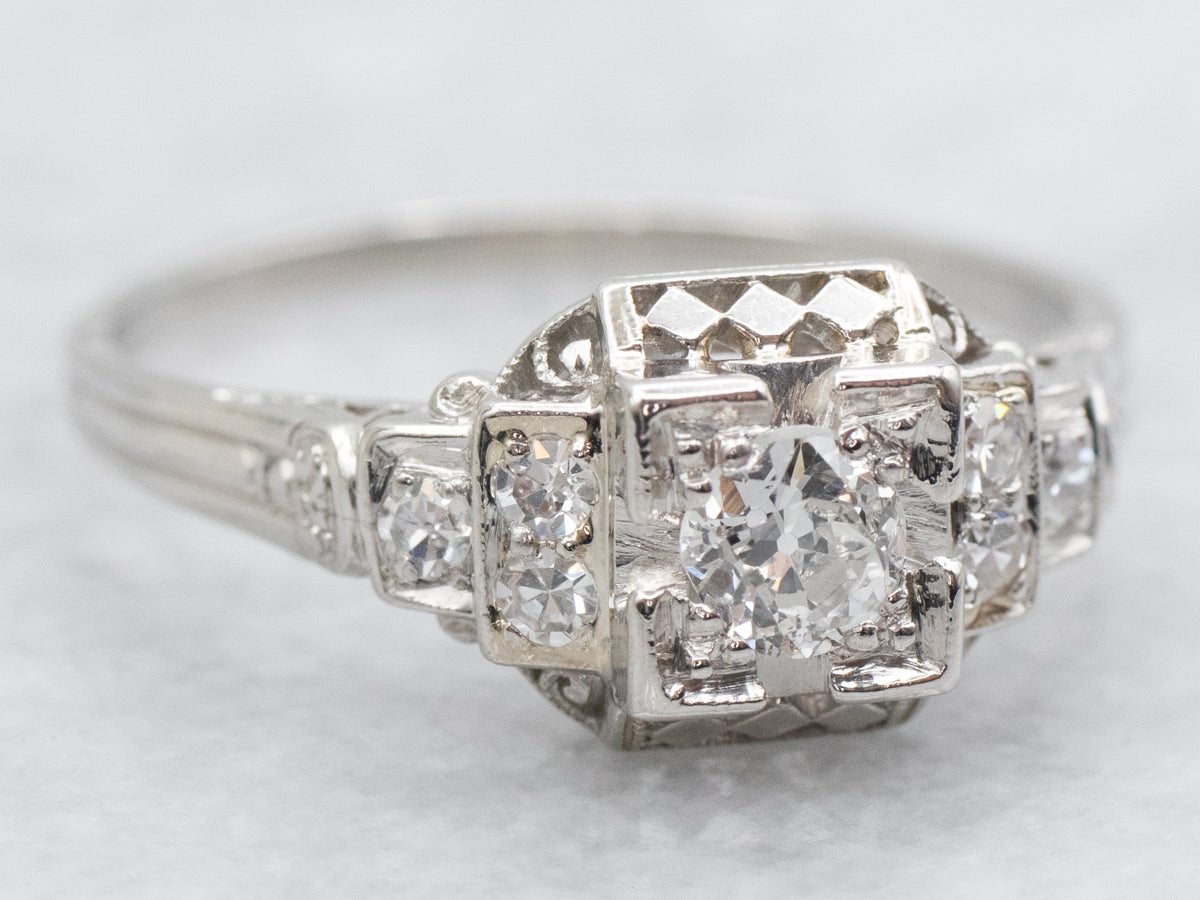 Platinum Art Deco Old Mine Cut Diamond Engagement Ring