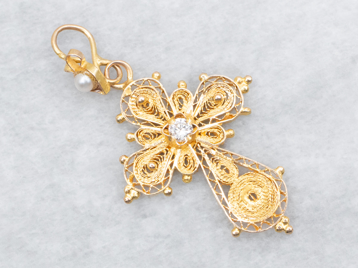 Ornate Diamond Seed Pearl and Gold Filigree Cross