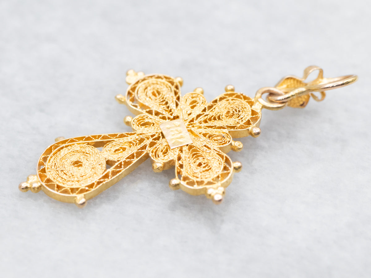 Ornate Diamond Seed Pearl and Gold Filigree Cross