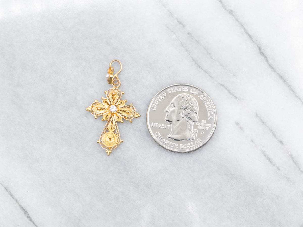 Ornate Diamond Seed Pearl and Gold Filigree Cross