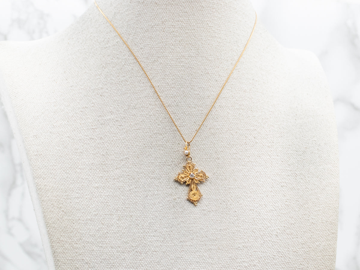 Ornate Diamond Seed Pearl and Gold Filigree Cross