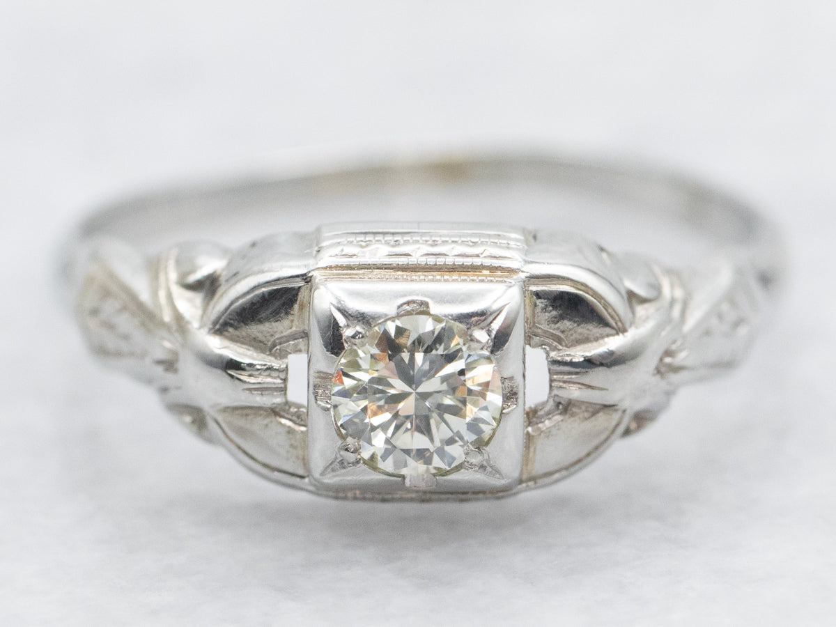 Lovely Diamond Solitaire Engagement in Early Retro Era Mounting