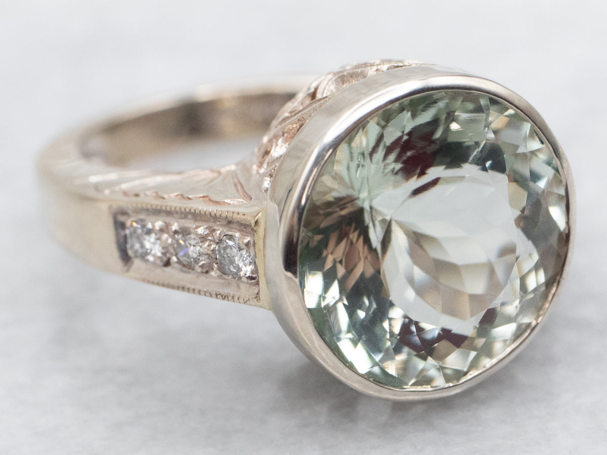 Prasiolite Quartz and Diamond Ring with Floral Shoulders