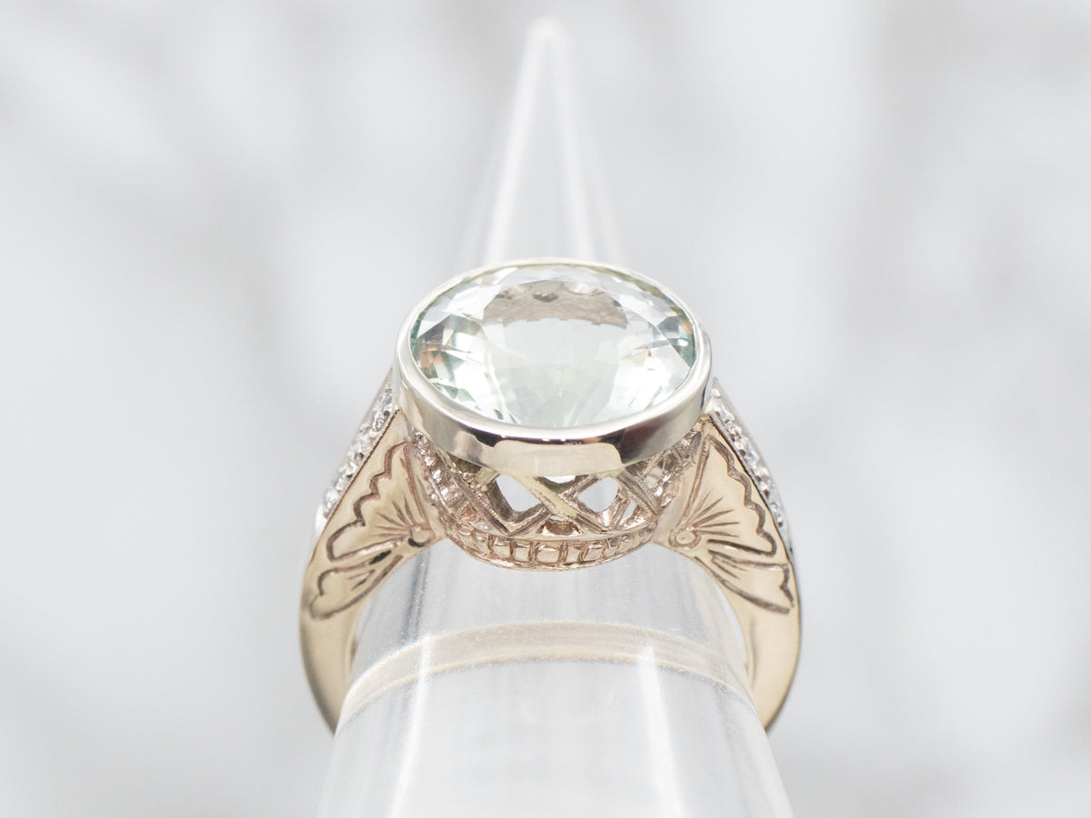 Prasiolite Quartz and Diamond Ring with Floral Shoulders