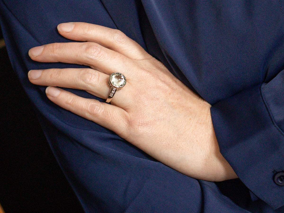 Prasiolite Quartz and Diamond Ring with Floral Shoulders