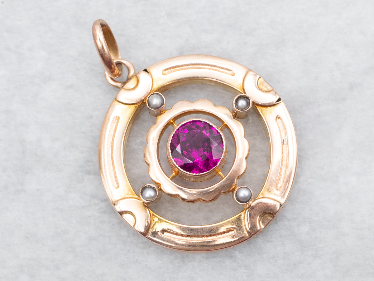 Victorian Rhodolite Garnet and Seed Pearl Pendant