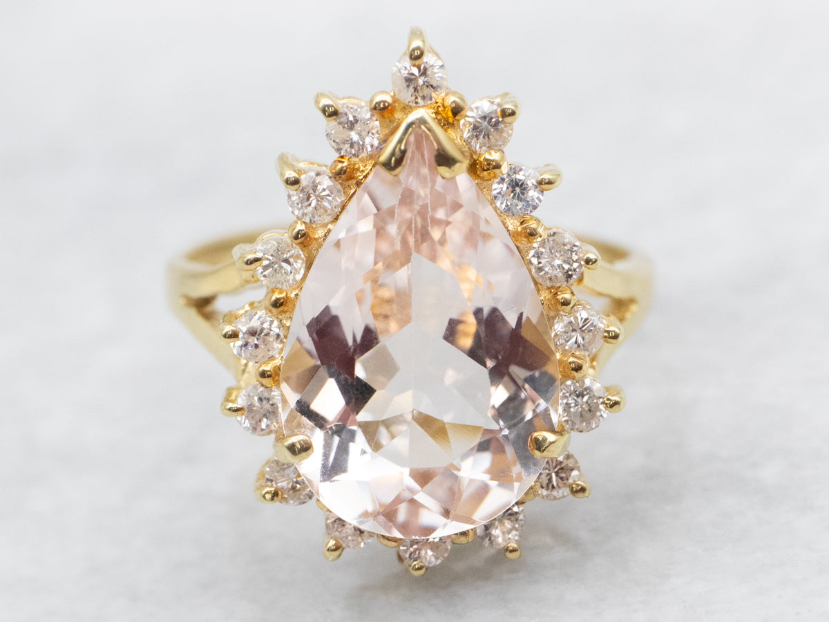 Modern Morganite and Diamond Halo Ring