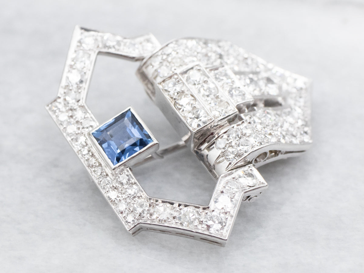 Square Cut Sapphire and Diamond Brooch