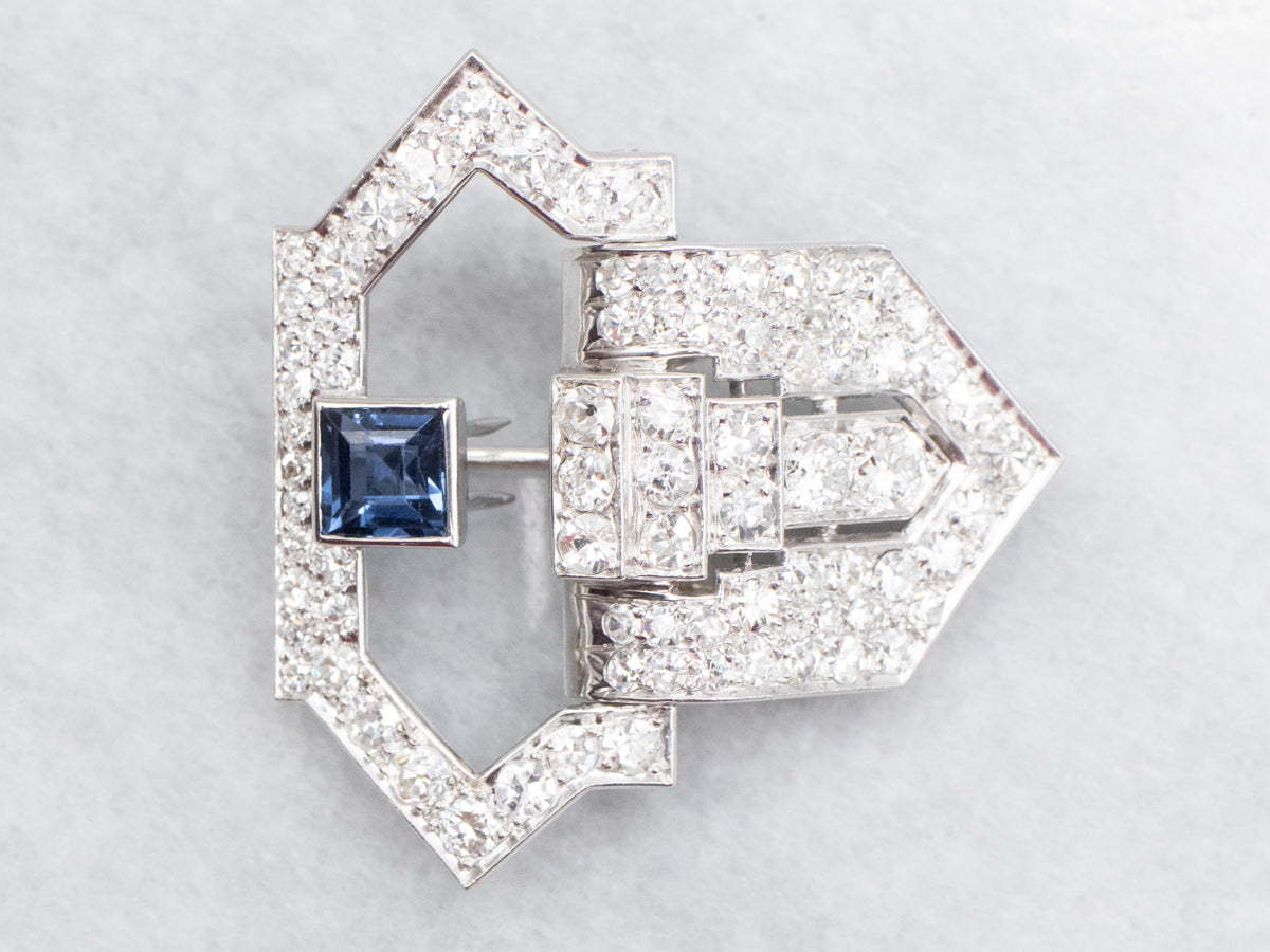 Square Cut Sapphire and Diamond Brooch