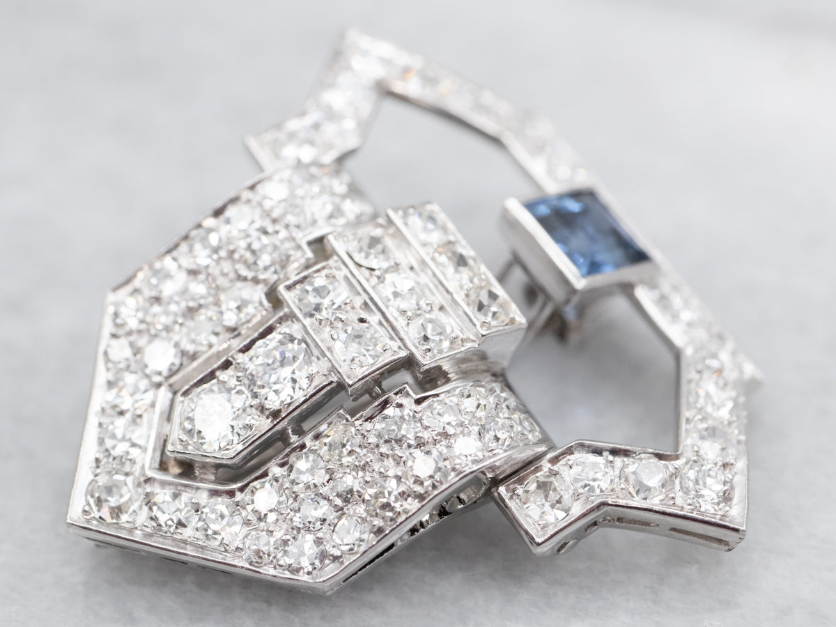 Square Cut Sapphire and Diamond Brooch