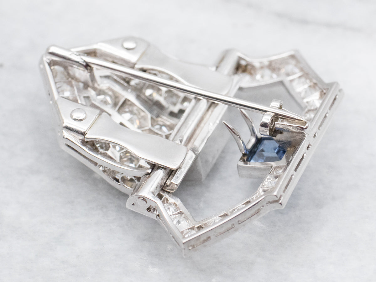 Square Cut Sapphire and Diamond Brooch