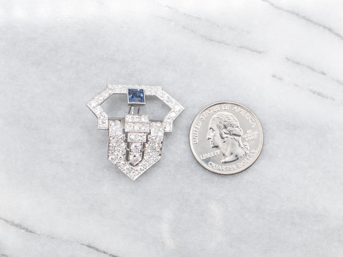 Square Cut Sapphire and Diamond Brooch