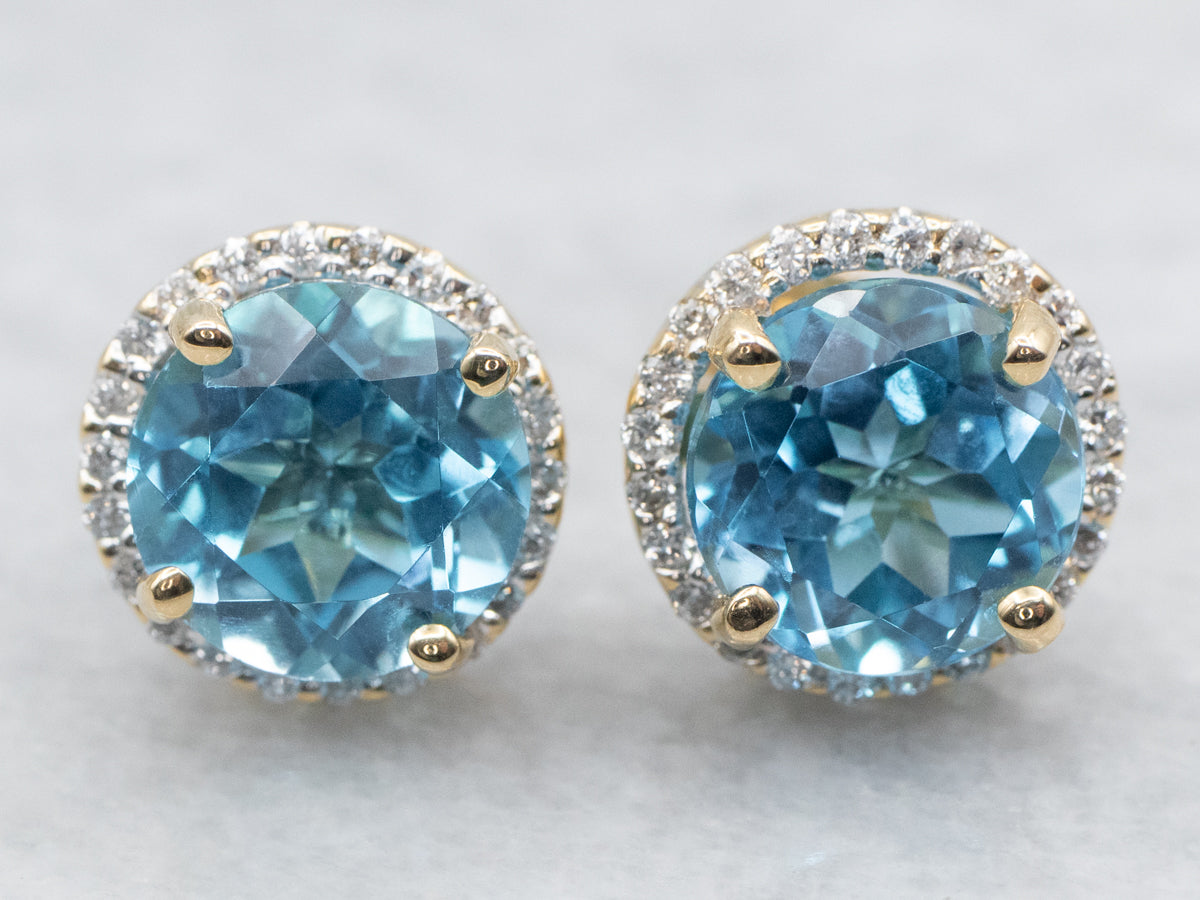 Yellow Gold Blue Topaz and Diamond Halo Stud Earrings