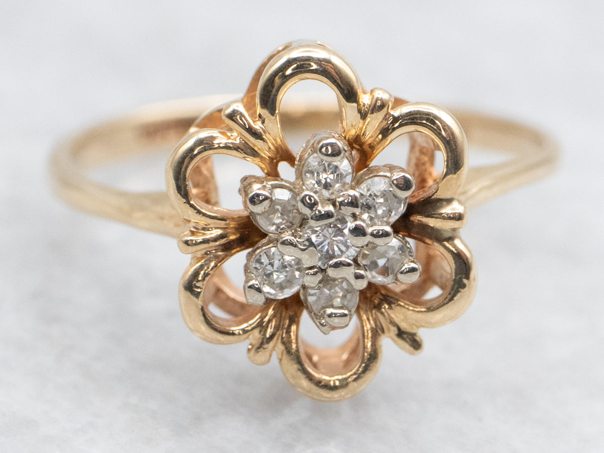 Two Tone Gold Floral Diamond Cluster Ring