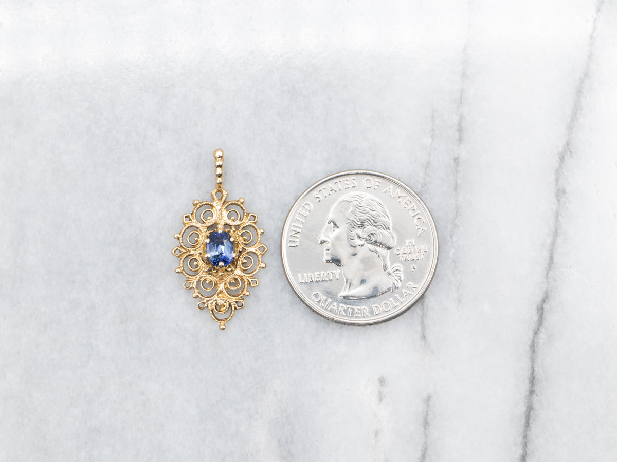 Ornate Gold Sapphire Filigree Pendant